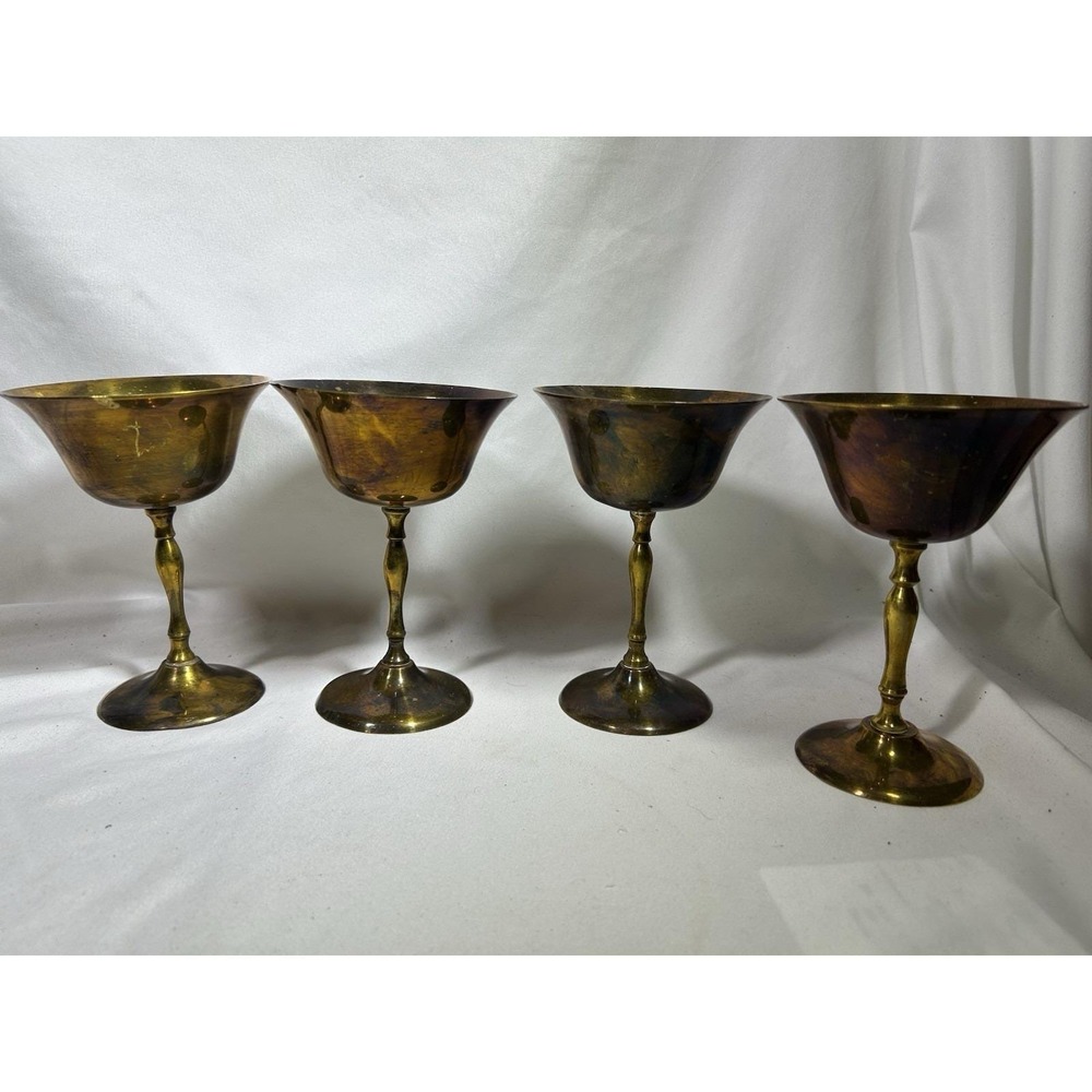Vintage Brass Goblet Footed Tapered Wine MCM Set of 4 Mid Century 6" Tall